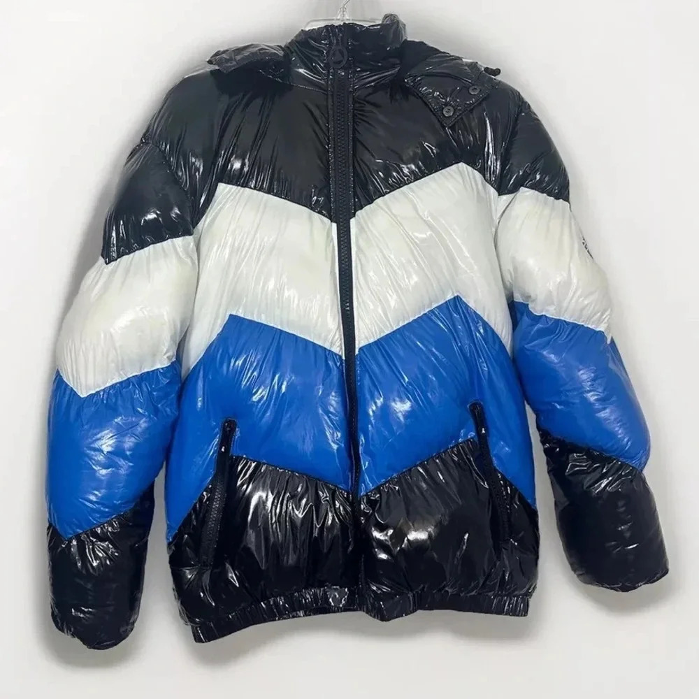 Awakndland Men’s Puffer Hooded Jacket Adult Size XL Ziczac Blue White Black